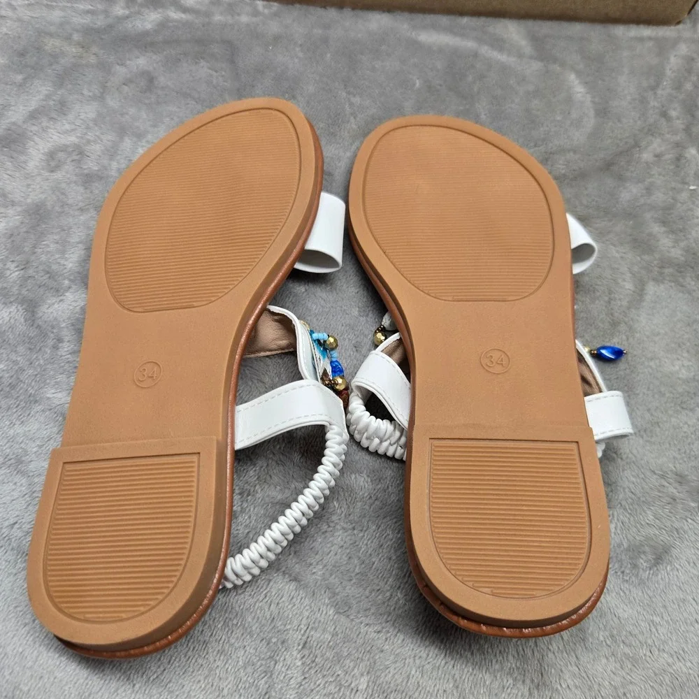 Fashion Kids White Boho Beaded Bow Sandals Elastic Slingback Flat Shoes Size 34